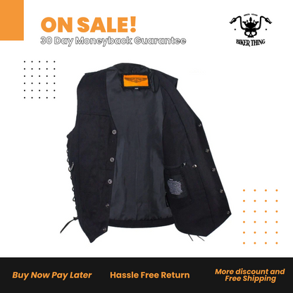 Men’s Black Denim Motorcycle Vest with Gun Pocket