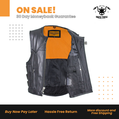 Men's Black Leather Vest with Neoprene Sides