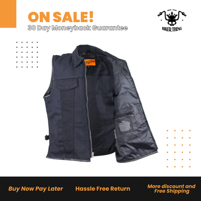 MV8010-CV Mens Single Panel Canvas Motorcycle Vest with large Pockets