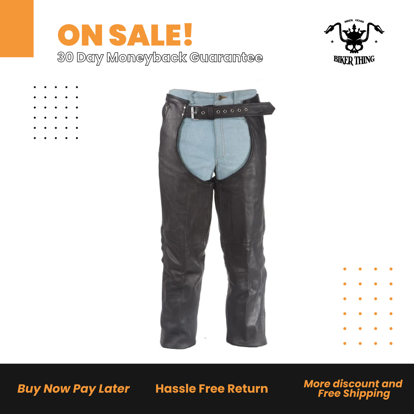 Leather Chaps With 3 Pockets & Mesh Lining