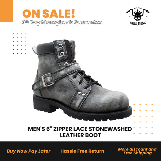 9143SBKM MEN'S 6" ZIPPER LACE STONEWASHED LEATHER BOOT