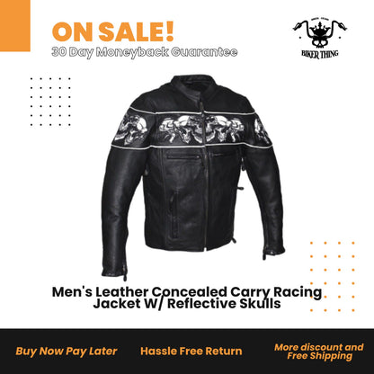 Men's Leather Concealed Carry Racing Jacket W/ Reflective Skulls