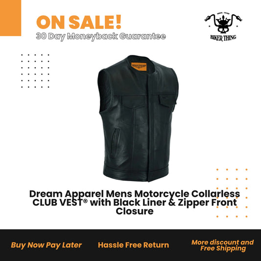 Mens Motorcycle Collarless CLUB VEST® with Black Liner & Zipper Front Closure