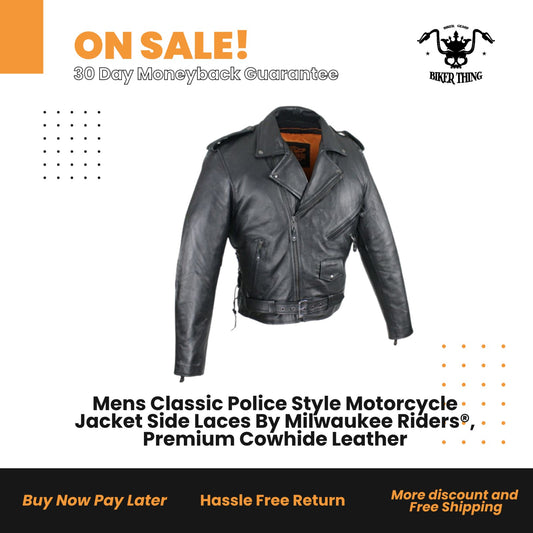Mens Classic Police Style Motorcycle Jacket Side Laces Premium Cowhide Leather