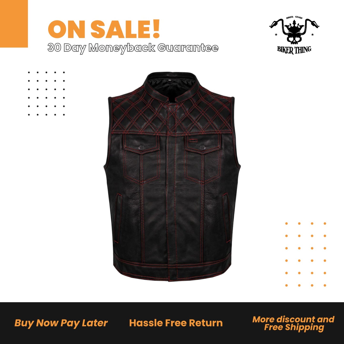 Mens Premium Naked Leather Motorcycle Club Vest Red Thread Zipper Front, Diamond Padding
