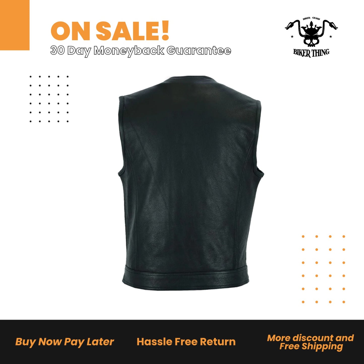 Mens Motorcycle Collarless CLUB VEST® with Black Liner & Zipper Front Closure