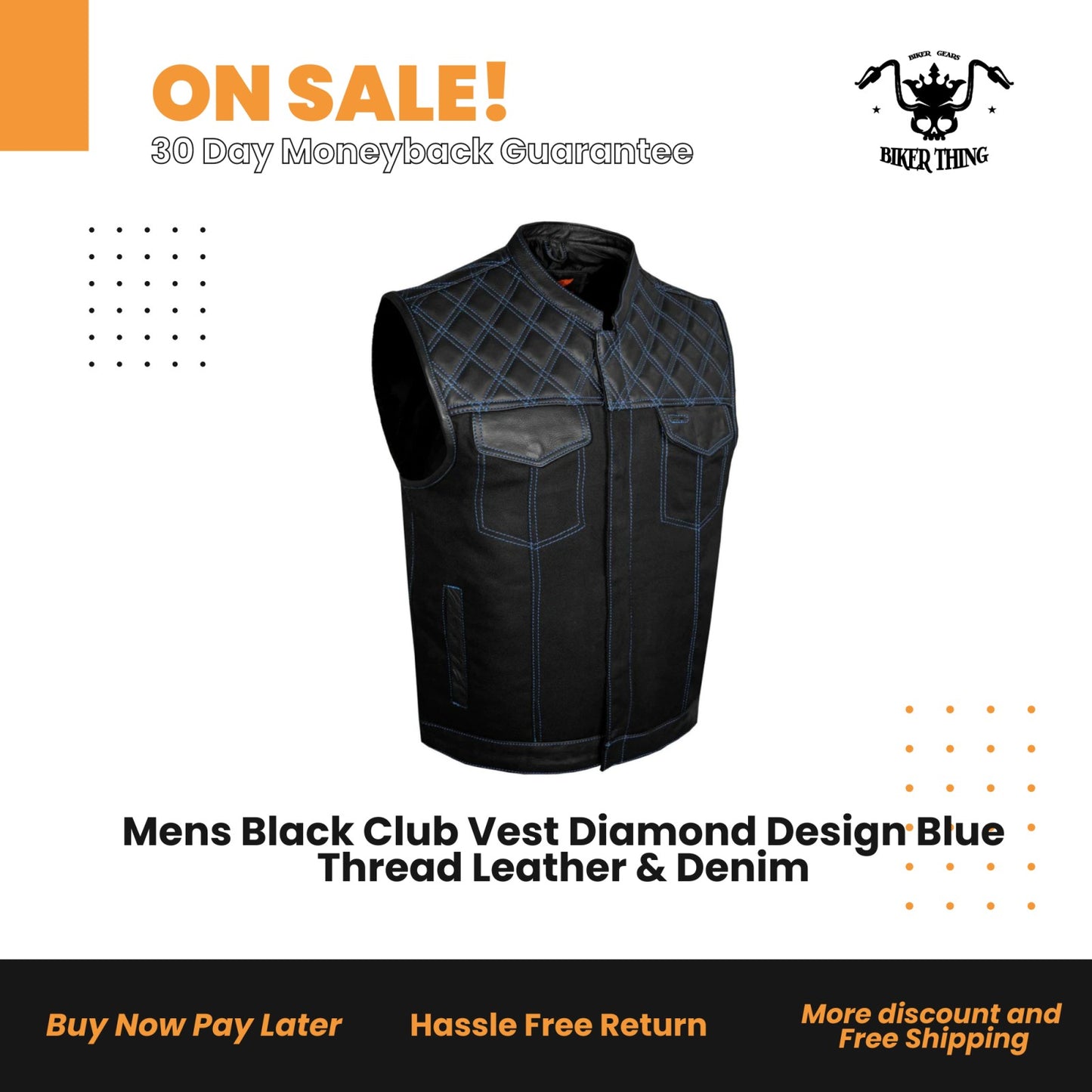 Mens Black Club Vest Diamond Design Blue Thread Leather & Denim