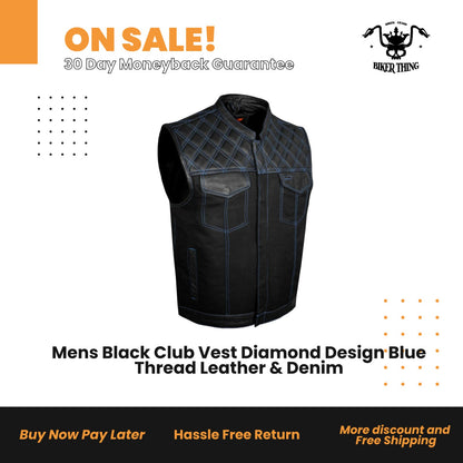 Mens Black Club Vest Diamond Design Blue Thread Leather & Denim