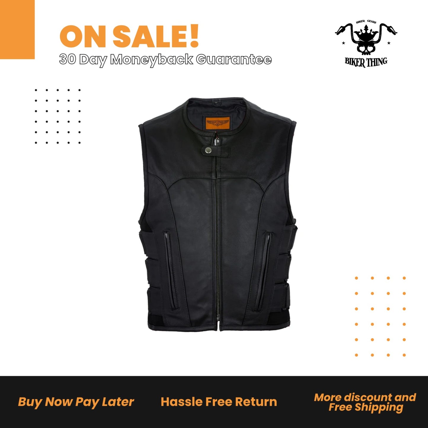 Men's Black Bullet Proof Style Leather Vest with Straps on Side