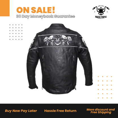 Men's Leather Concealed Carry Racing Jacket W/ Reflective Skulls