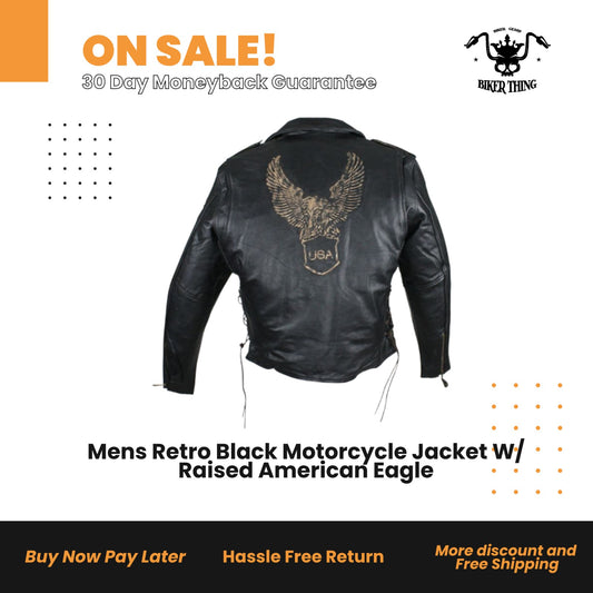 Mens Retro Black Motorcycle Jacket W/ Raised American Eagle