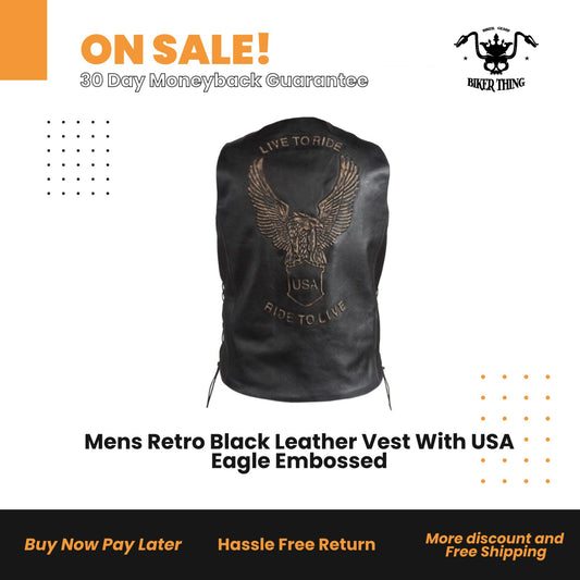 Mens Retro Black Leather Vest With USA Eagle Embossed
