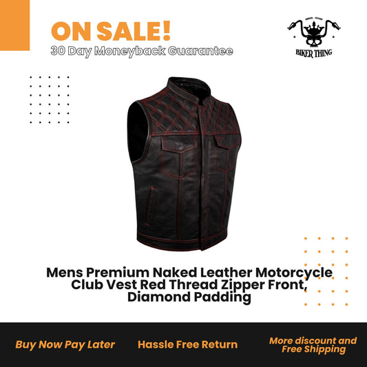 Mens Premium Naked Leather Motorcycle Club Vest Red Thread Zipper Front, Diamond Padding