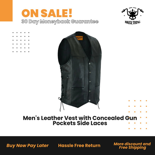 Men's Leather Vest with Concealed Gun Pockets Side Laces
