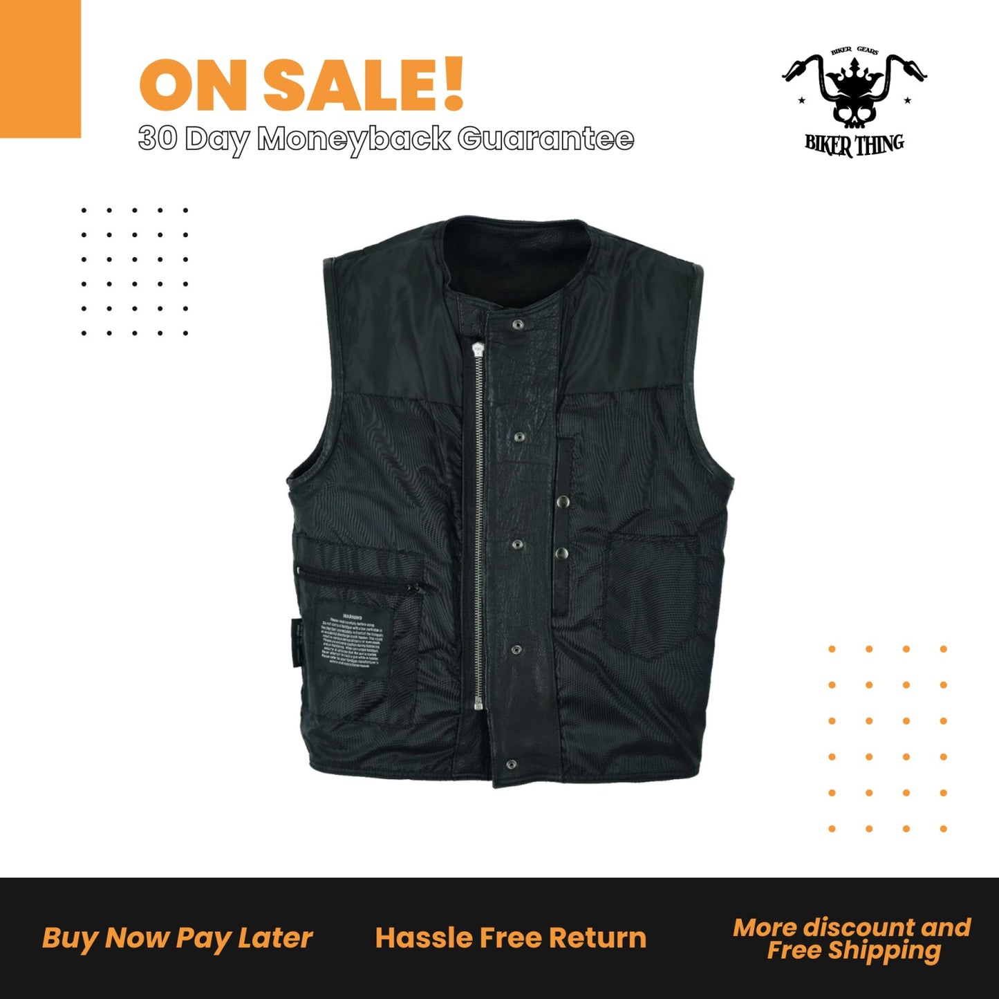 Mens Motorcycle Collarless CLUB VEST® with Black Liner & Zipper Front Closure