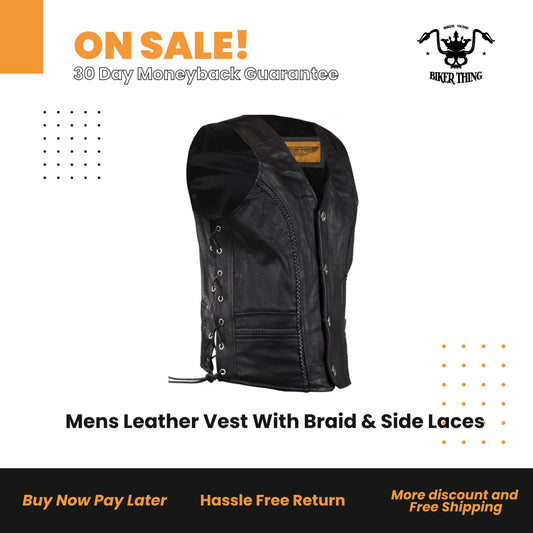 Mens Leather Vest With Braid & Side Laces