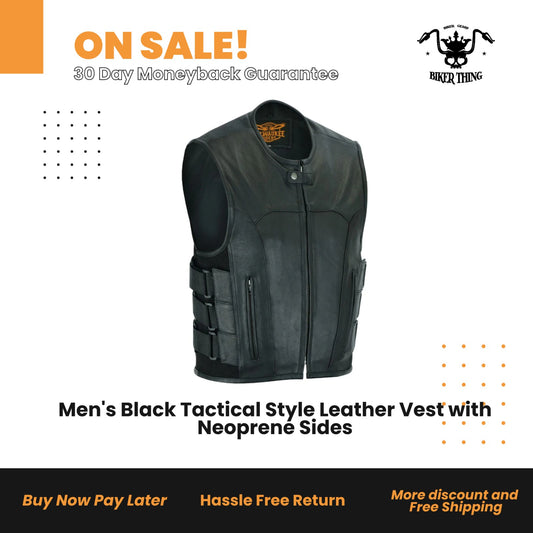 Men's Black Tactical Style Leather Vest with Neoprene Sides