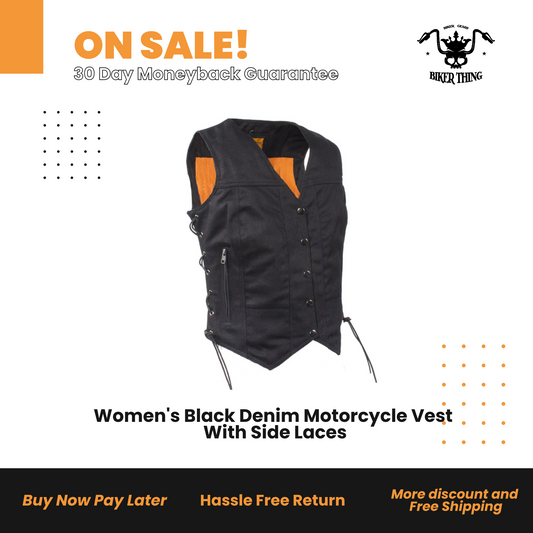 Wome'ns Black Denim Motorcycle Vest With Side Laces