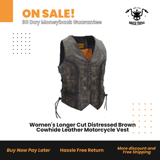 Women's Longer Cut Distressed Brown Cowhide Leather Motorcycle Vest