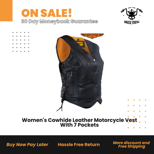 Women's Cowhide Leather Motorcycle Vest With 7 Pockets