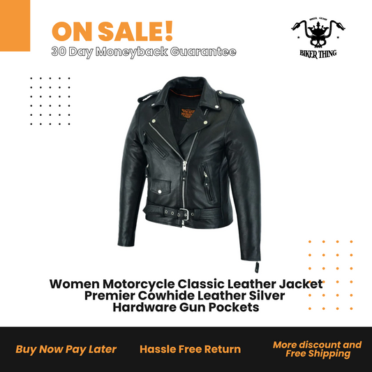Women Motorcycle Classic Leather Jacket Premier Cowhide Leather Silver Hardware Gun Pockets