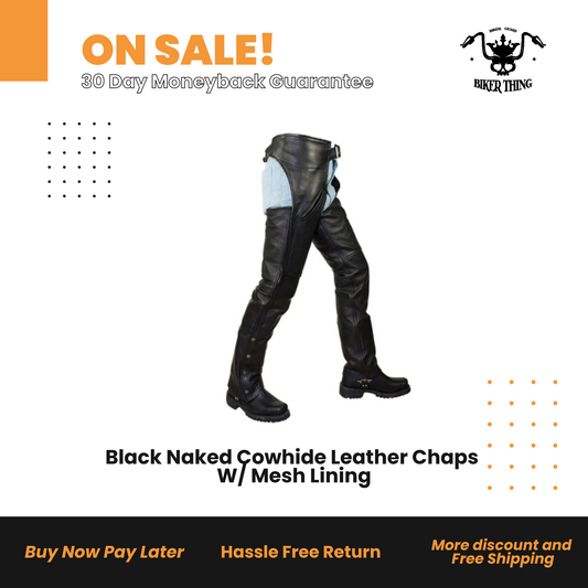 Black Naked Cowhide Leather Chaps W/ Mesh Lining