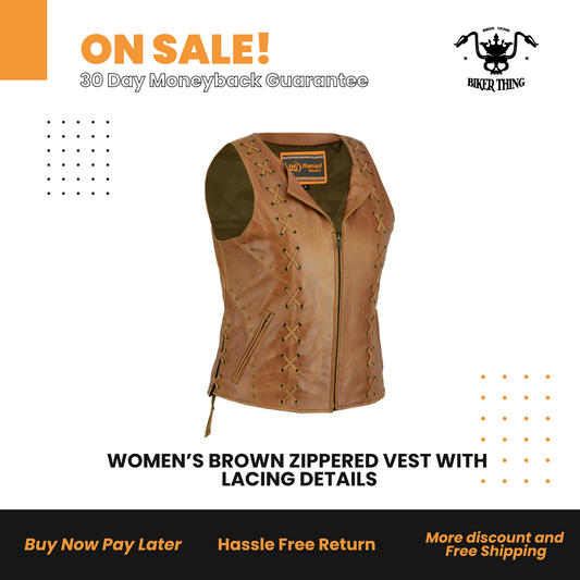 DS236 WOMEN’S BROWN ZIPPERED VEST WITH LACING DETAILS