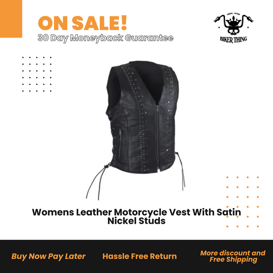 LV8510-11Womens Leather Motorcycle Vest With Satin Nickel Studs