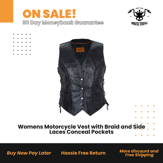 N-LV221-88-LONG Womens Motorcycle Vest with Braid and Side Laces Conceal  Pockets