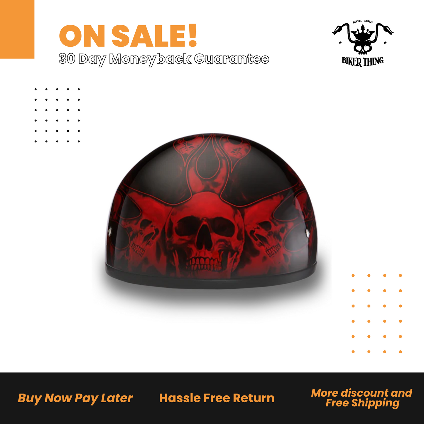 D6-SFR D.O.T. DAYTONA SKULL CAP- W/ SKULL FLAMES RED