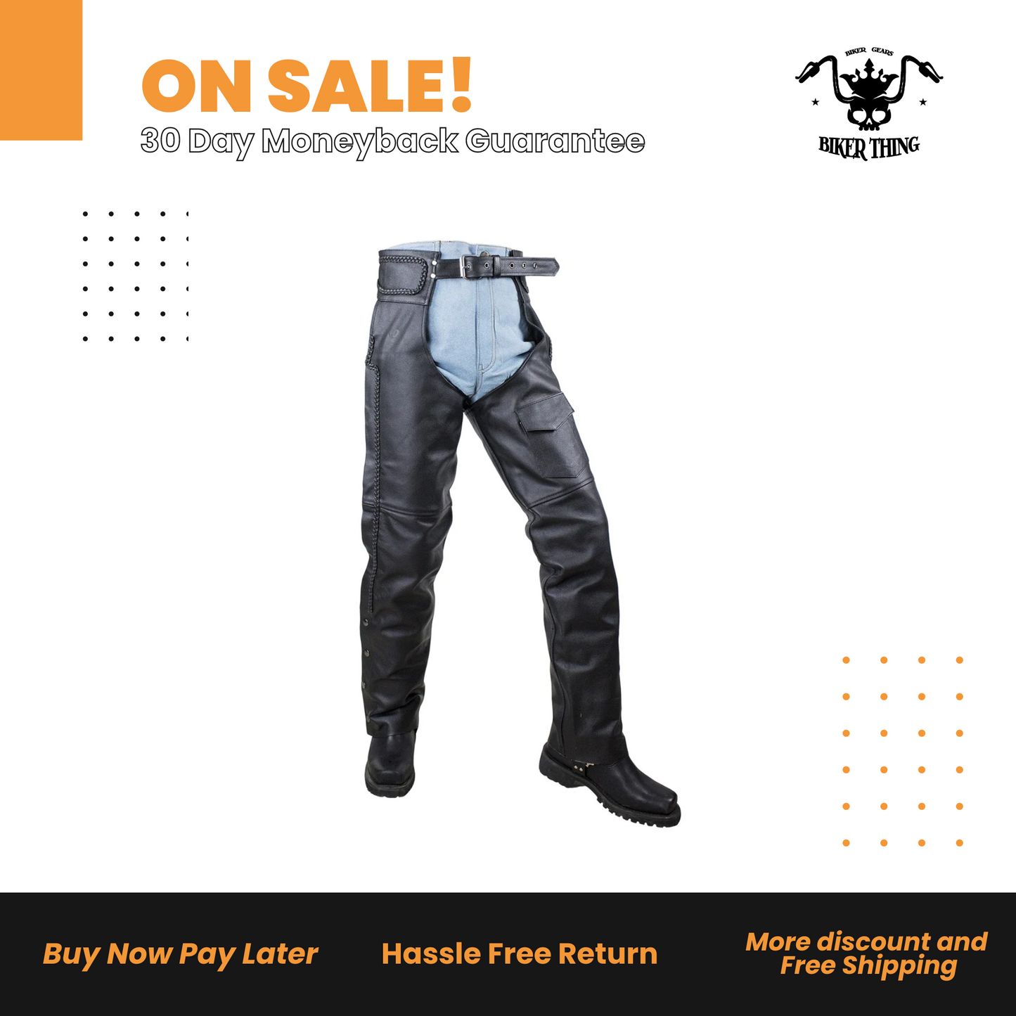 Braided Naked Cowhide Leather Chaps W Mesh & Zipout Lining - Black