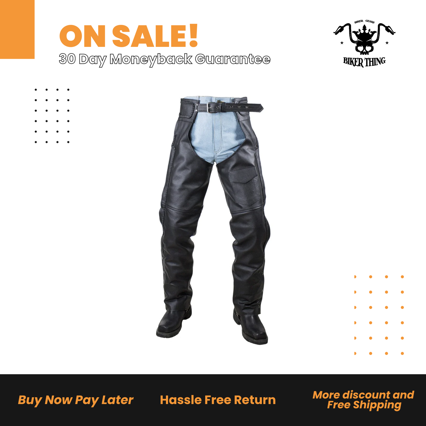 Braided Naked Cowhide Leather Chaps W Mesh & Zipout Lining - Black