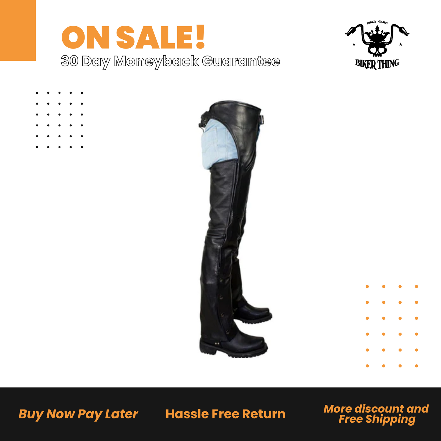 Black Naked Cowhide Leather Chaps W/ Mesh Lining