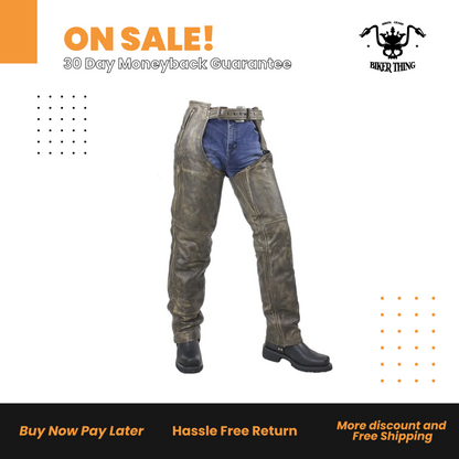 Mens Distressed Brown Leather Motorcycle Chaps