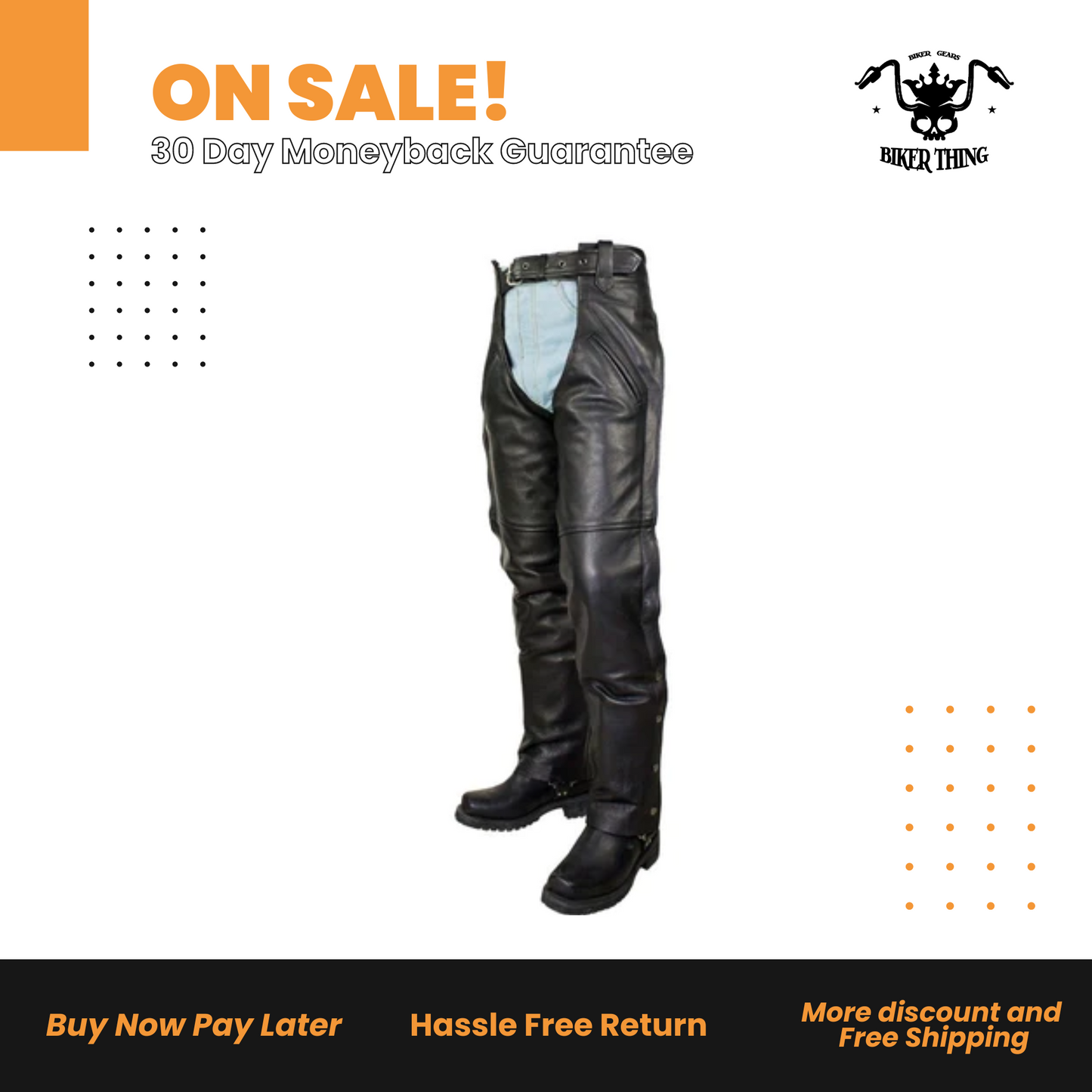 Black Naked Cowhide Leather Chaps W/ Mesh Lining