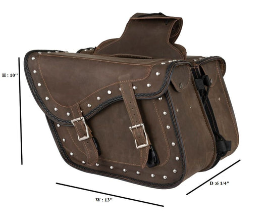 SD4065-STUD-BRN24 Genuine Vintage Brown Naked Leather Concealed Carry Saddlebag with Braid