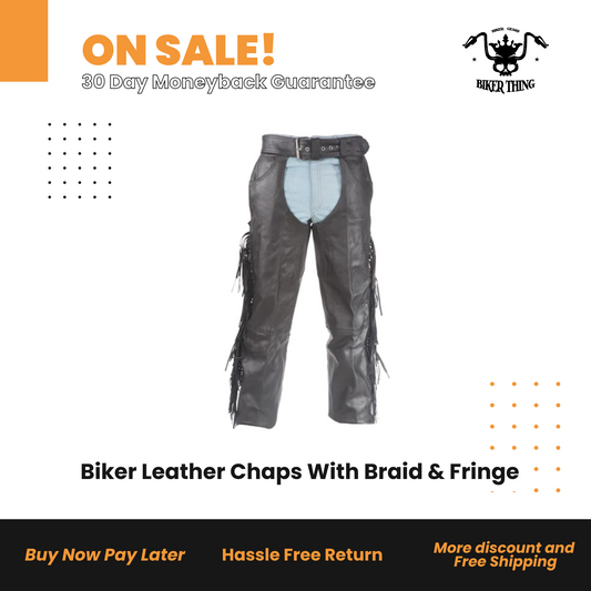 Biker Leather Chaps With Braid & Fringe